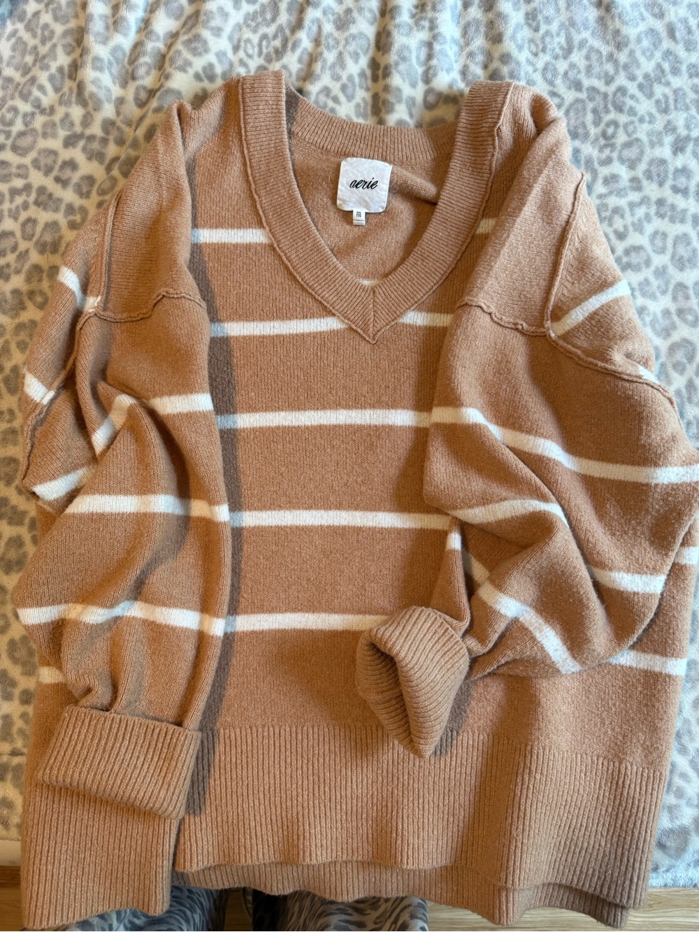 aerie Striped V-Neck Sweater — Camel & White